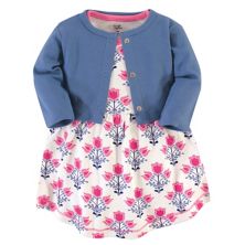 Touched by Nature Baby and Toddler Girl Organic Cotton Dress and Cardigan 2pc Set, Abstract Flower Touched by Nature