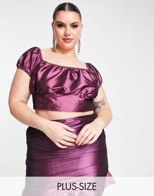 Collective the Label Curve exclusive puff sleeve top in metallic plum - part of a set Collective the Label Curve