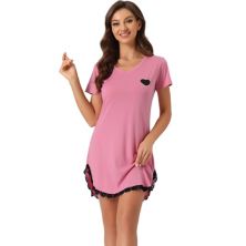 Women's Pajama Dress Lace Trim V-neck Short Sleeves Lounge Nightgowns Cheibear