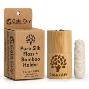 Gaia Guy Natural Unflavored Silk Dental Floss with Floss Refill & Reusable Bamboo Holder | 2 x 33yds Compostable Pure Silk Waxed with Candelilla Wax | Plastic-Free Packaging Gaia Guy