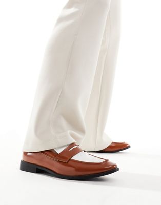 London Rebel X penny loafers in chestnut brown and white London Rebel