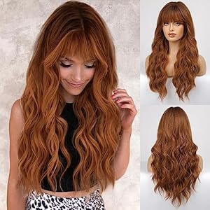 HAIRCUBE Auburn Wig with Bangs Long Hair With Bangs Red Hair Natural Appearance Heat-Resistant Synthetic Wig Daily Play Party Suitable For Fashionable Women 26 Inches HAIRCUBE