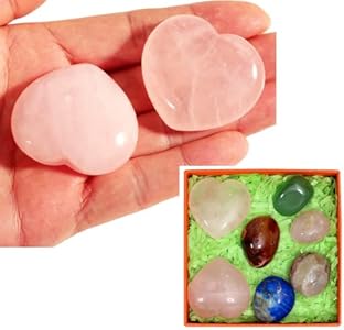 2PC Natural Rose Quartz Heart Crystals (1.7"), Heart Worry Stone, Healing Crystals and Palm Stone Stino