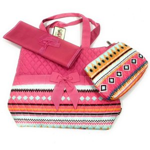 Baby 3 Piece Girl Diaper Bag Changing Pad Zipper Pouch Set Pink Blue Orange Aztec Serape NGIL