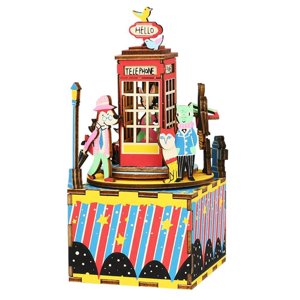 Wooden 3D Puzzle DIY Phone Booth Music Box Plays: Ode to Joy Hands Craft