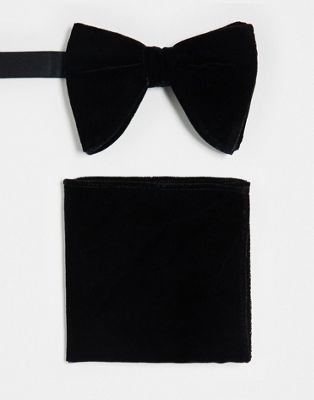 Twisted Tailor velvet bow tie and pocket square in black Twisted Tailor