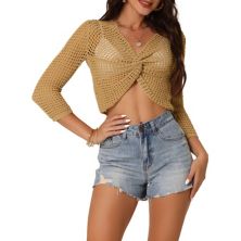 Women's V Neck Hollow Out Sweater Long Sleeve Sheer Twist Front Ribbed Knit Cropped Tops Seta T