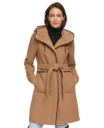 Женское полушерстяное пальто с капюшоном из искусственного меха и поясом DKNY