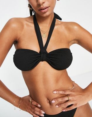 The Frolic knot halter bikini top in black texture The Frolic