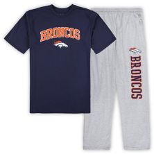 Мужская футболка Concepts Sport темно-синего/серого цвета Denver Broncos с футболкой и пижамными штанами для сна Unbranded
