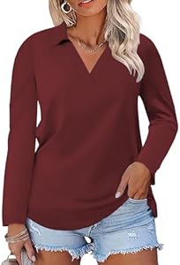 DOLNINE Womens Plus-Size-Polo-Shirts Classic V Neck Casual Solid Color Long Sleeve Collared Loose Tunic Tops XL-5XL DOLNINE