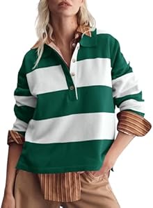 Saodimallsu Womens Striped Collared Sweaters Color Block Polo V Neck Shirts Button Long Sleeve Loose Knit Pullover Tops Saodimallsu