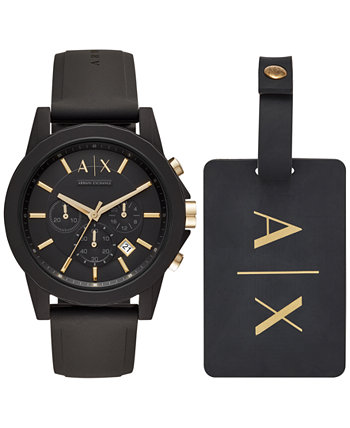 Мужские часы с хронографом Outerbanks с черным силиконовым ремешком 45 мм, подарочный набор Armani