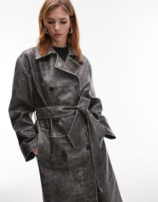 Topshop real leather washed effect trench coat in gray  TOPSHOP