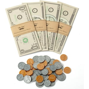 Mr. Pen- Play Money for Kids, 150 Pcs, Ages 3+, 60 pretend bills (20 $1s,  20 $5s,  10 $10s, and  10 $20s) and 90 plastic coins (30 pennies, 20 nickels, 20 dimes, and 20 quarters) Mr. Pen