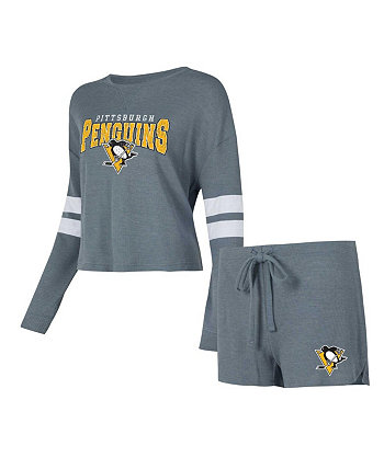 Женский серый рваный комплект из футболки с длинными рукавами и шорт Pittsburgh Penguins Meadow для сна Concepts Sport