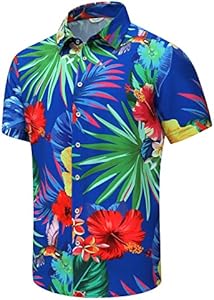 SheLucki Hawaiian Shirt for Men, Unisex Summer Beach Casual Short Sleeve Button Down Shirts, Printed Palmshadow Clothing SheLucki