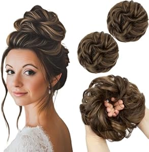 SARLA 2PCS Messy Hair Bun Hair Pieces Wavy Curly Synthetic Updo Fake Scrunchies Ponytail Extension for Women Dirty Blonde SARLA