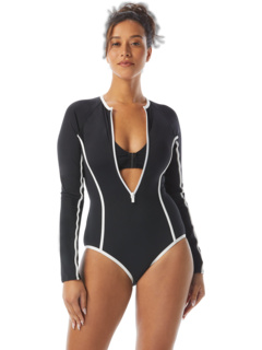 Сплошной цельный купальный костюм с молнией спереди и длинными рукавами с окантовкой BEACH HOUSE