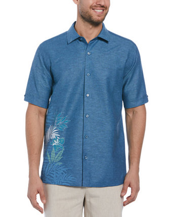 Мужская льняная рубашка из шамбре с короткими рукавами и принтом тропических листьев на пуговицах спереди Cubavera