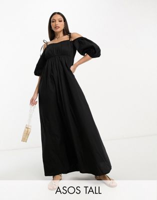 Черное хлопковое платье макси с открытыми плечами и присборенной деталью на груди ASOS DESIGN Tall ASOS Tall