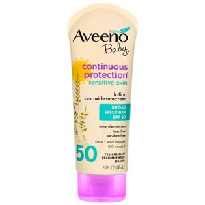 AVEENO Baby Continuous Protection Sensitive Skin Lotion Zinc Oxide Sunscreen SPF 50 3 oz (Pack of 2) Aveeno