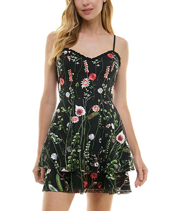 Juniors' Sweetheart-Neck Fit & Flare Floral-Embroidered Dress City Studios