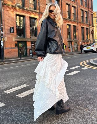 Labelrail x Daisy Birchall textured layered boho maxi skirt in white Labelrail