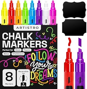 ARTISTRO Liquid Chalk Markers Pre-Activated, Liquid Chalk Markers Erasable Chalk Markers for Glass or First Day of School Sign, Chalkboard Markers with White Chalk for Kids & Adults (Fine Tip, 8) ARTISTRO