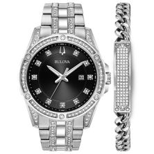 Bulova Men's Stainless Steel Crystal Accented 3-Hand Watch & Crystal Accent ID Bracelet Gift Box Set - 96K105 Bulova