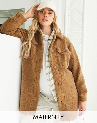 New Look Maternity borg longline shacket in brown New Look Maternity