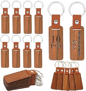 10PCS Leather Wood Keychain Blank, Wooden Keychain Blanks with Leather Strap, Unfinished Wooden Keychains for Laser Engraving, DIY Various Key Tags, Wood Crafts Gift WOZADU