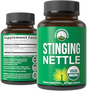 USDA Organic Stinging Nettle Vegan Capsules Made with Stinging Nettle Leaf Powder for Prostate, Hair Growth, Allergy. Better Than Root or Seed Extract. Plant Based Herb Supplement Tablets, 60 Pills Peak Performance