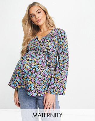 New Look Maternity long sleeve wrap blouse in black floral New Look Maternity