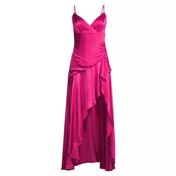 Атласное платье макси Sorella с оборками Bardot
