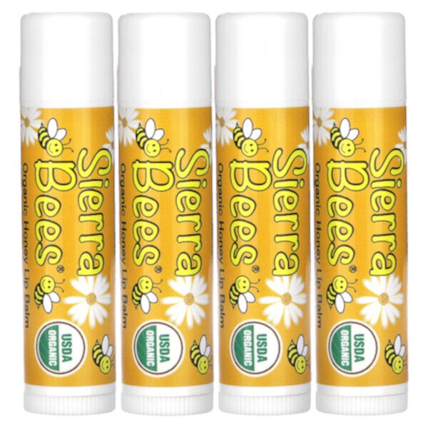 Органические бальзамы для губ, мед, 4 упаковки, 0,15 унции (4,25 г) каждая Sierra Bees