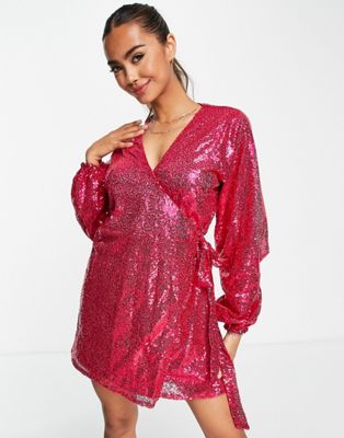 In The Style Exclusive sequin wrap detail mini dress in cerise pink In The Style