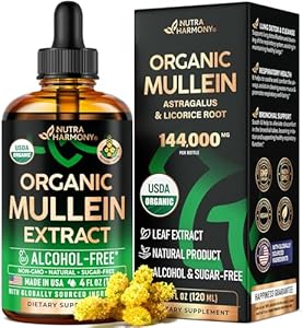 USDA Organic Mullein Drops (Капли) for Lungs - Mullein Leaf & Licorice Extract Supplement - Made in USA - Lung & Bronchial Cleanse for Smokers - Respiratory Health Support - As Liquid (Жидкость), Tincture, Tea - 4 fl oz (Жидкие унции) NUTRAHARMONY