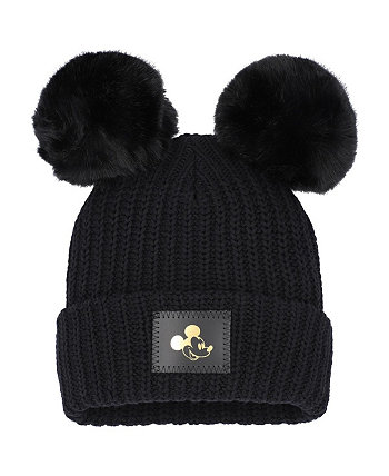 Women's Mickey Mouse Black Cuffed Knit Hat with Double Pom Love Your Melon