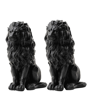 Set of 2 Black Sitting Lion Garden Statue Glitzhome