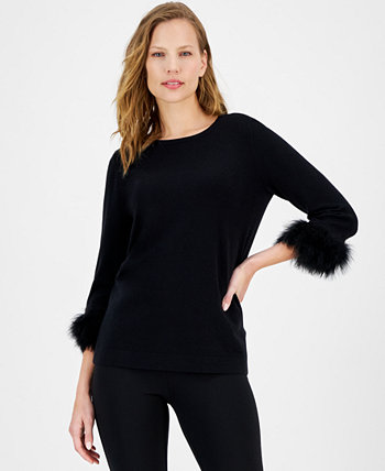 Women's Crewneck Feather-Trim-Cuff Sweater Anne Klein