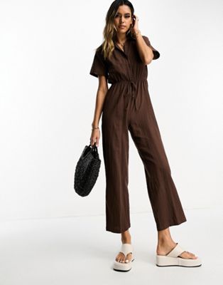 Lola May collared tie waist jumpsuit in chocolate brown Lola May