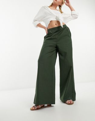 Оливковые широкие брюки из смесового льна French Connection French Connection