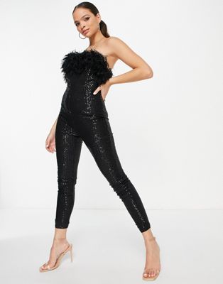 Jaded Rose bandeau sequin jumpsuit with faux feather trim Jaded Rose