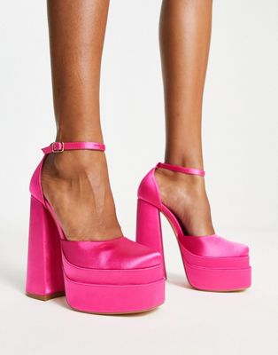 Glamorous Wide Fit platform heel shoes in pink satin Glamorous Wide Fit