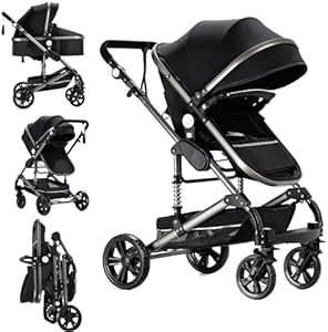 2 in 1 Baby Stroller with Bassinet Reversible Portable Standard Baby Stroller Convertible Pushchair Infant Buggy Baby Carriage Foldable High Landscape Pram for Toddler Newborn (2US588-BG 2 in 1) Suttonbebe