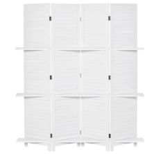 Wood Mobile Folding Privacy Screen Partition Wall Room Divider W/ Shelves White HomCom