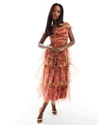 Lace & Beads tiered tulle midi dress in abstract print LACE & BEADS