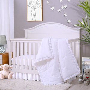 JISEN 3 Pieces Crib Bedding Set - White Standard Size Baby Bedding Set - Quilt, Sheet, Crib Skirt JISEN