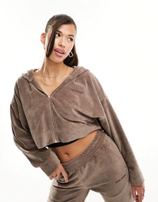 Kaiia studio towelling zip up cropped hoodie in brown - part of a set Kaiia